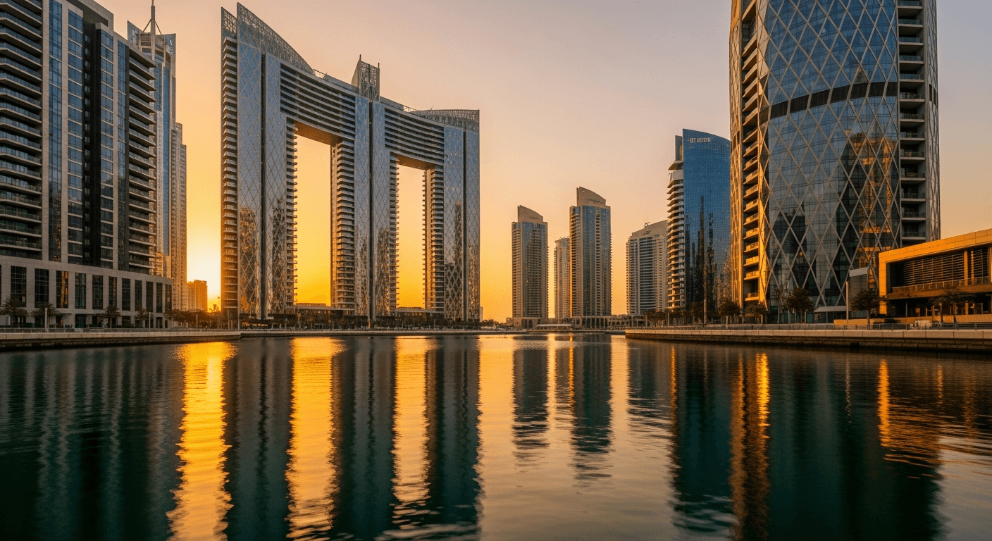Dubai-Skyline am Wasser bei Golden Hour