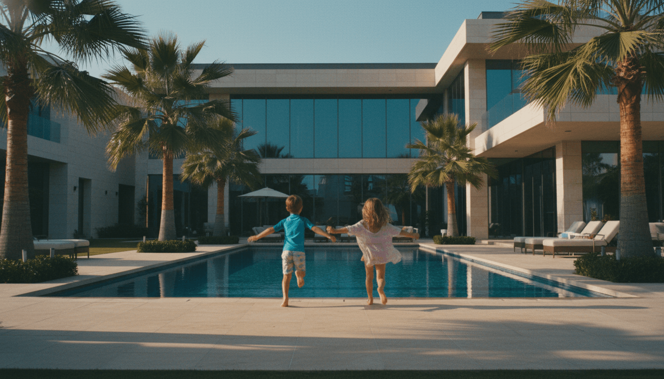Kinder am Pool einer Luxusvilla in Dubai