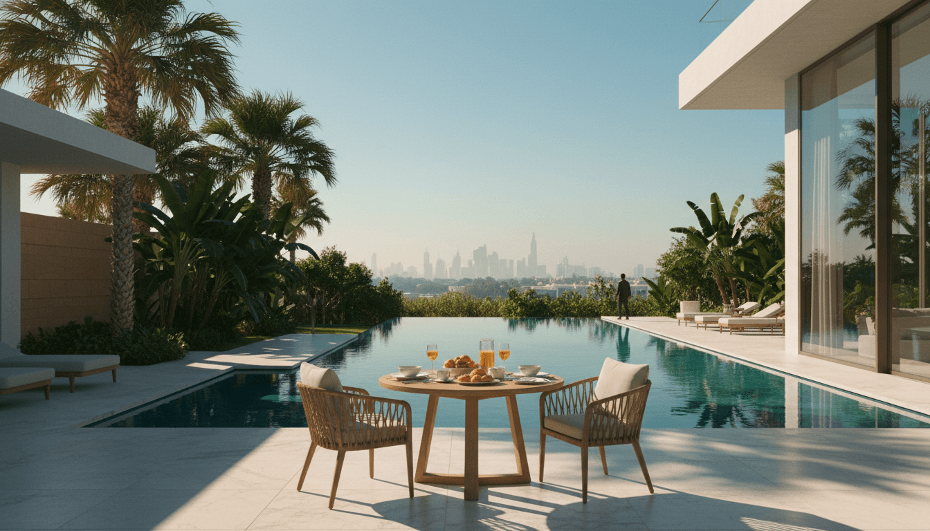 Sonnige Villa-Terrasse mit Infinity-Pool und Frühstück in Dubai