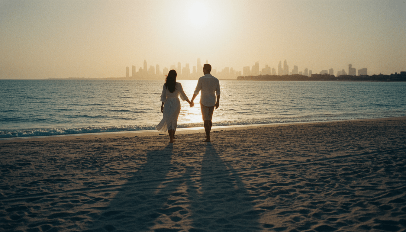 Paar spaziert bei Golden Hour am Strand vor der Dubai-Skyline