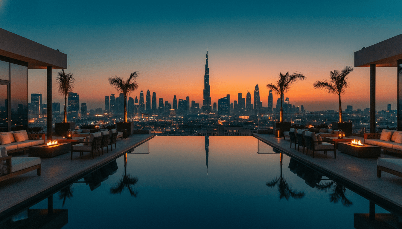 Luxus-Penthouse-Terrasse mit Infinity-Pool und Dubai-Skyline bei Dämmerung