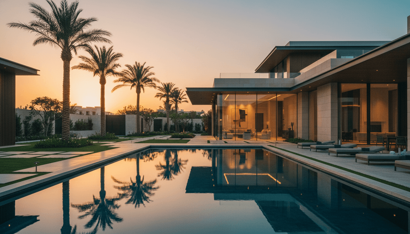 Luxusvilla mit Pool in Dubai bei Golden Hour